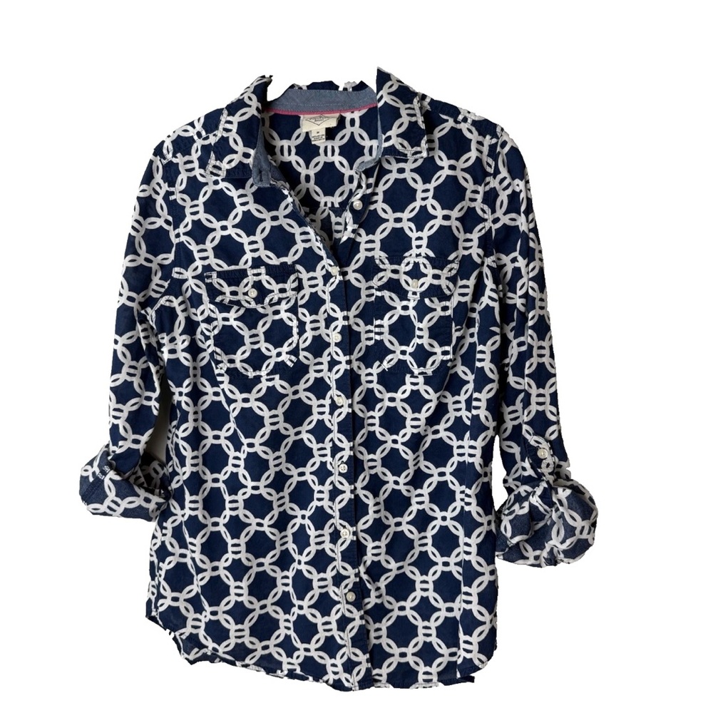 St. John's Bay Shirt Size Medium Top 3/4 Roll-Tab Sleeves Cotton Blue White